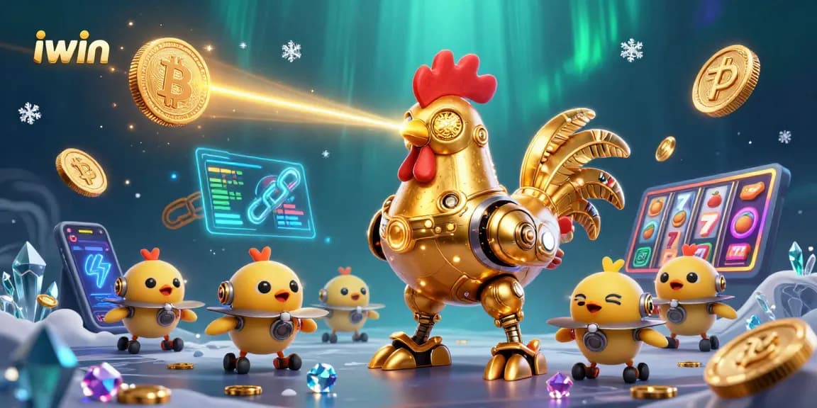 Engage with iwin's vibrant 3D illustration featuring a golden rooster robot amidst a colorful casino scene.