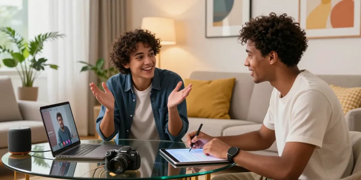 Juicy chat between diverse individuals in a modern living room using an AI platform.