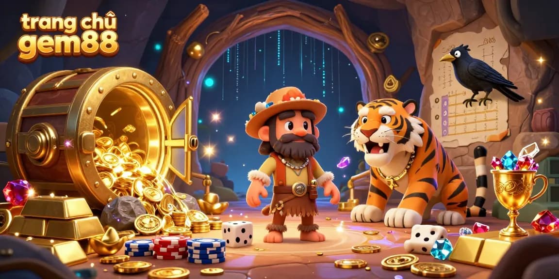 Experience the thrill of gambling at trang chủ gem88 with a lively illustration featuring prehistoric casino characters and treasures.