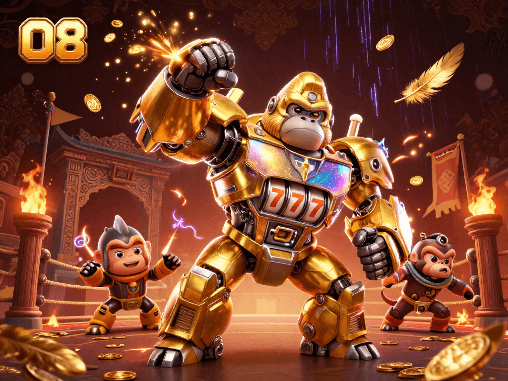 Experience thrilling casino action at O8 with an exciting illustration of a golden gorilla mech.