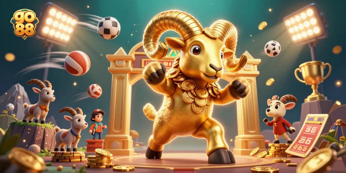 Engage with go 88's thrilling atmosphere featuring a golden ram charging through sports-themed elements and rich details.