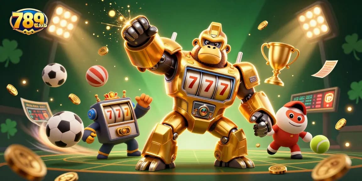 Engage with 789club’s exciting 3D themed illustration featuring a golden gorilla mech and dynamic sports elements.