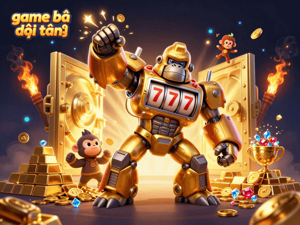 Experience the thrill of game bài đổi thưởng with a dynamic 3D illustration of a golden gorilla mech.