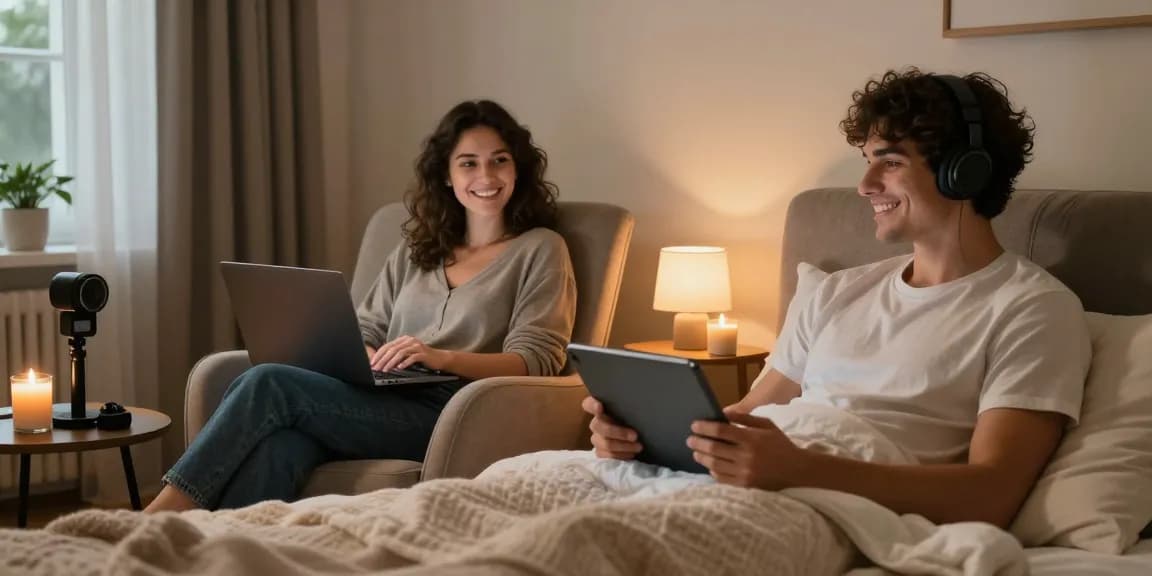 Couple enjoying an ai sex chat, connecting digitally in cozy settings with warm lighting and romantic ambiance.