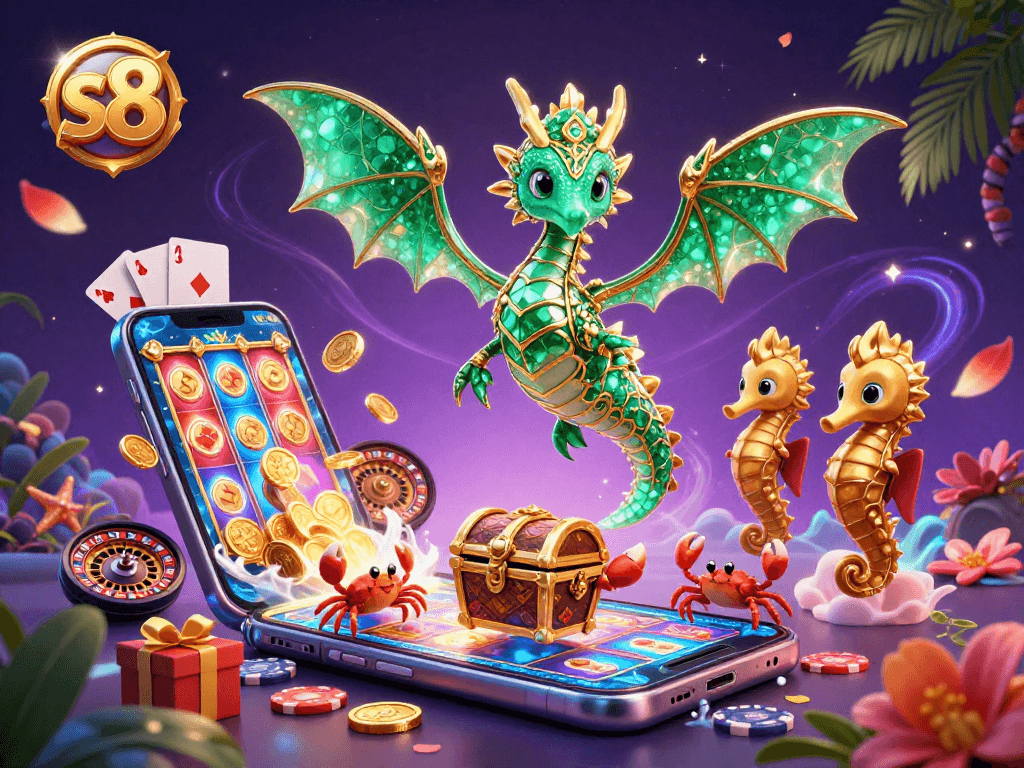 Engage with s8's vivid world of gaming through a lavish underwater casino scene featuring a dragon guarding treasure.