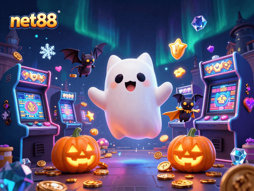 Engage with net88 as a ghost cat and bat explore a haunted casino ambiance.