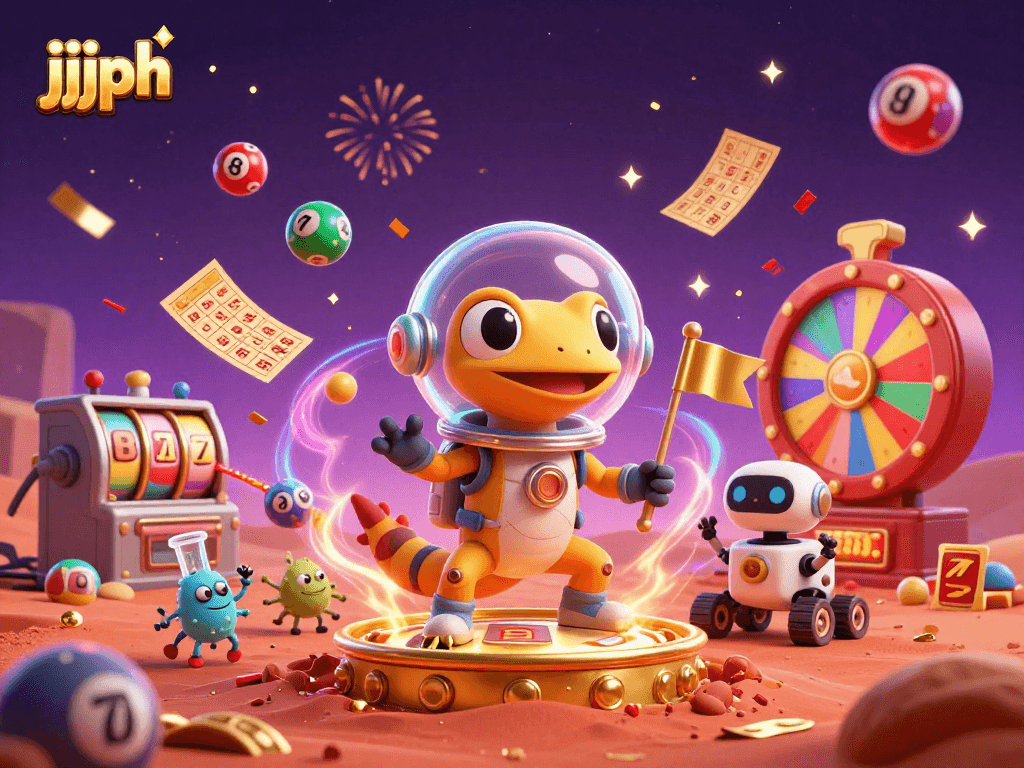 Ang jjjph ay naghahatid ng ligaya sa isang Martian casino, napapalibutan ng makulay na lottery balls.
