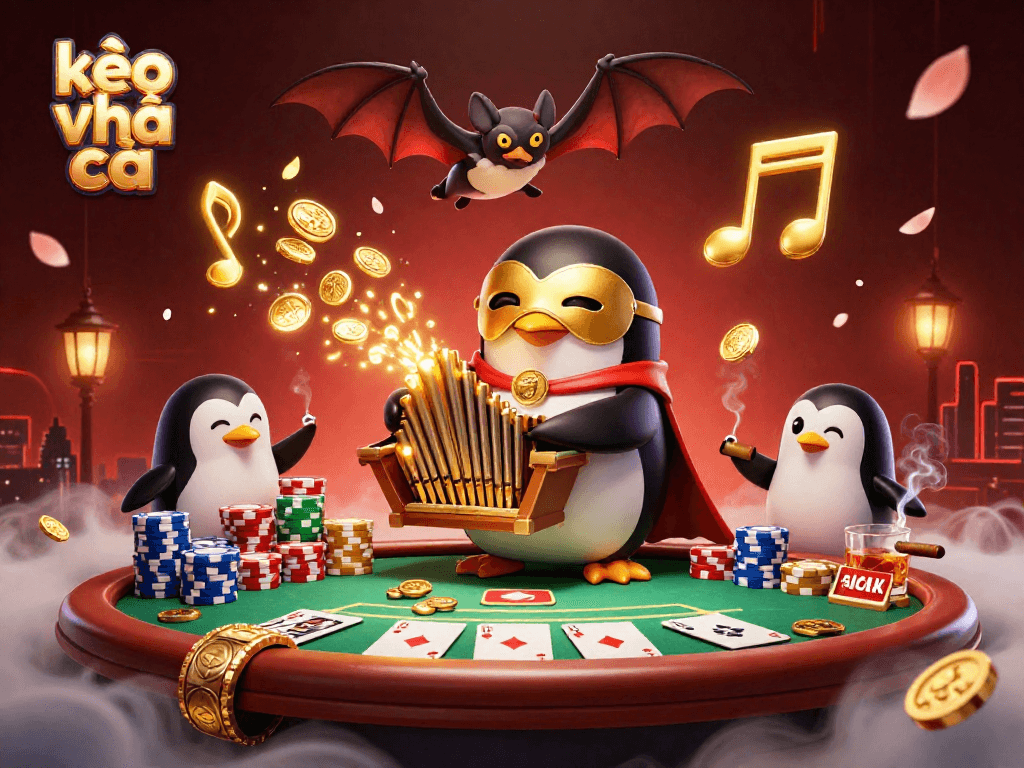 Engage in kèo nhà cái as a penguin plays organ shooting coins, surrounded by poker action.
