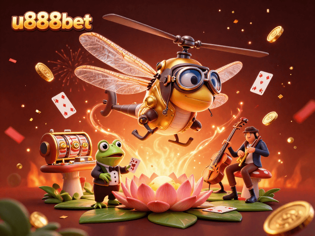 Experience the excitement of u888bet with a vibrant casino scene featuring a dragonfly pilot.