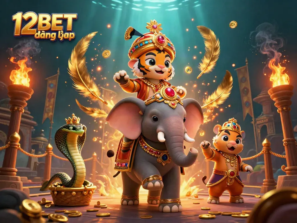 Engage in gaming excitement with 12BET đăng nhập featuring a 3D maharaja, elephant, and cobra in a rich casino atmosphere.