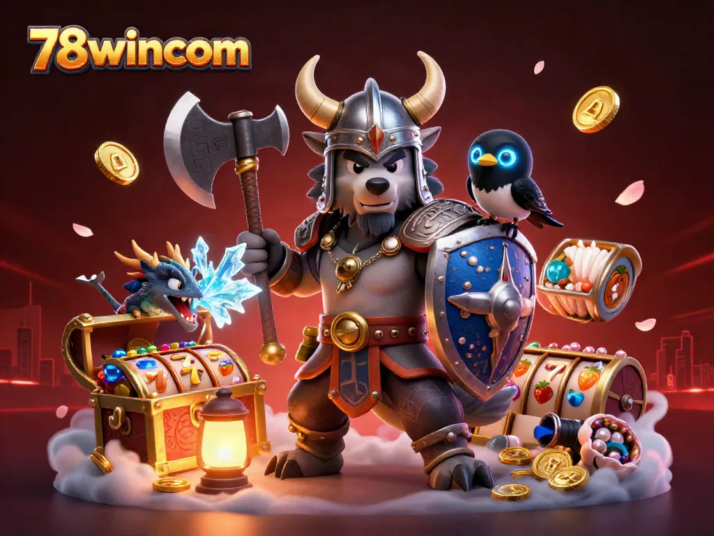 Engage in thrilling adventures with 78wincom, where Viking warriors, dragons, and slots collide in a vibrant casino scene.