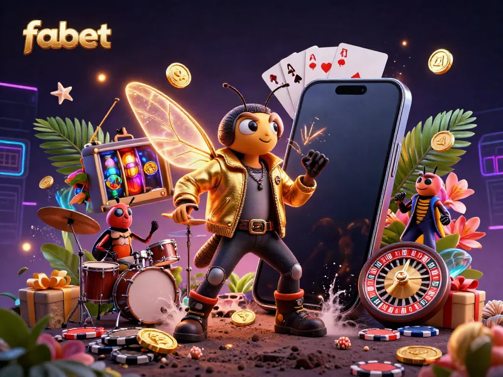 Engage in the vibrant gambling world with fabet's dynamic illustration showcasing a 3D rock star cicada, exciting game elements, and lively casino atmosphere.