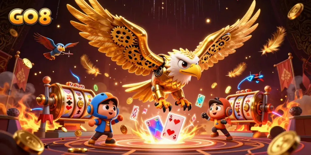Experience the excitement of GO 8 with a golden eagle soaring amidst spinning slot reels and vibrant casino elements.