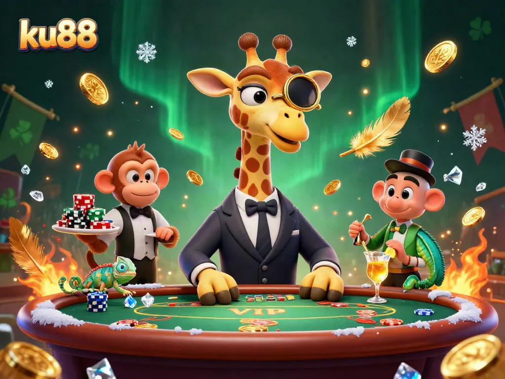 Spin the reels at ku88 with a high-roller giraffe and lively casino scene.