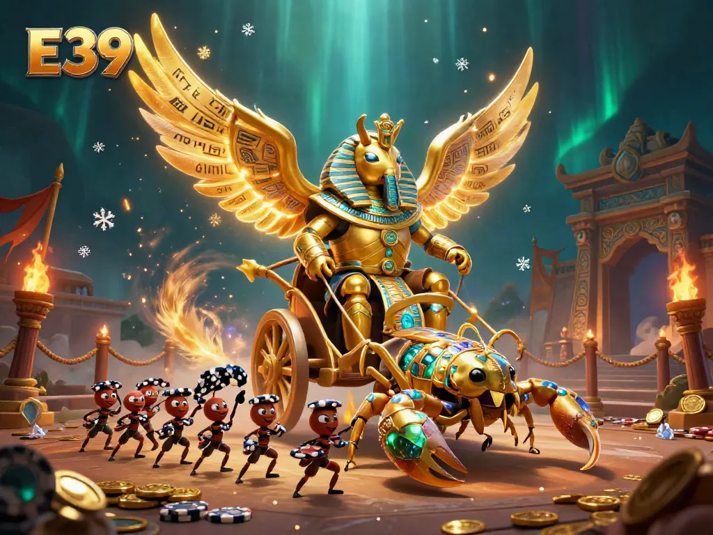 E39 showcases thrilling gaming action with golden scarab beetle in a vibrant casino scene.