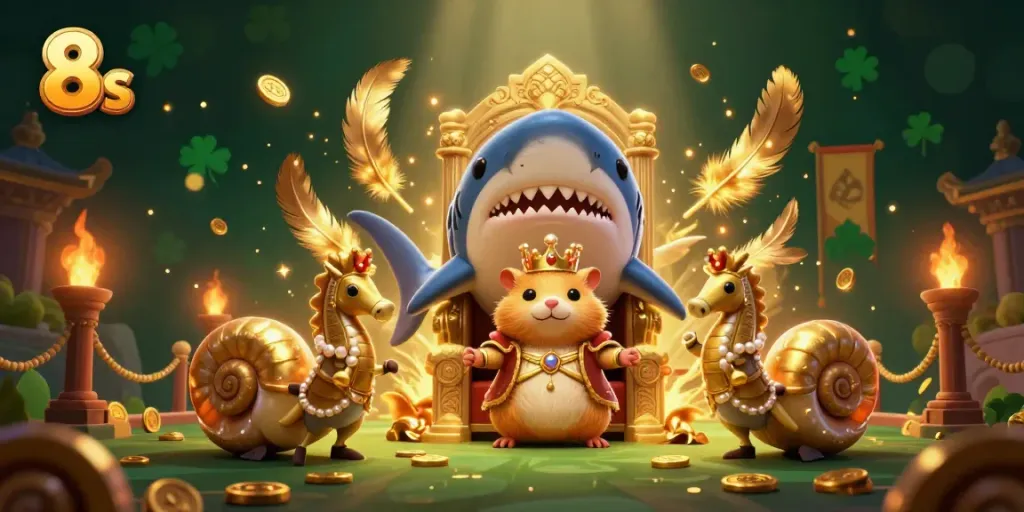 Experience thrilling wins at 8s with a golden hamster king in a vibrant casino scene.