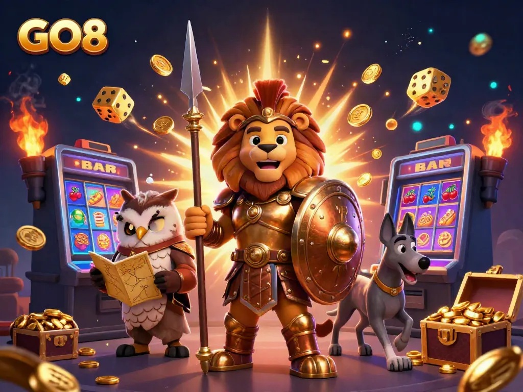 Win big with GO8 at the colorful slot machine amidst vibrant animations and eye-catching characters.