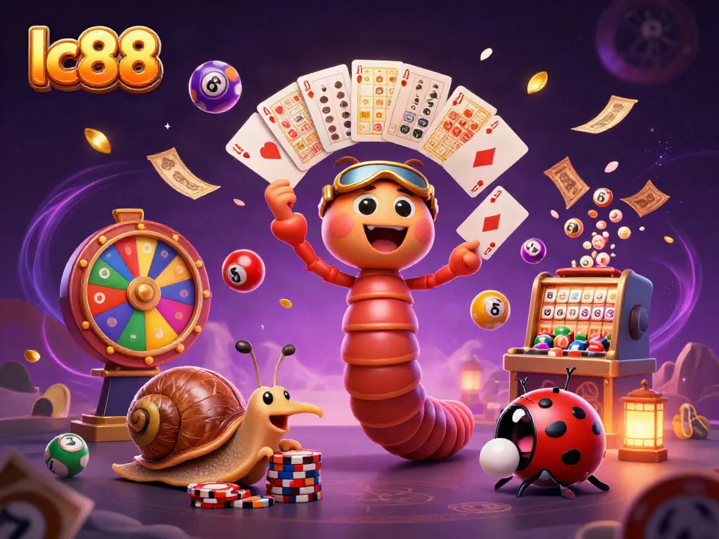 Experience the excitement of lc88 with this vibrant casino-themed illustration featuring a millipede dealer and high-roller characters.