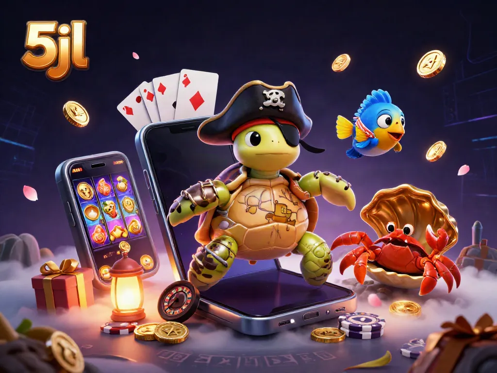 Engage with the vibrant 5jl online gaming world through a thrilling 3D slot scene featuring a pirate turtle, hermit crab, and parrotfish.
