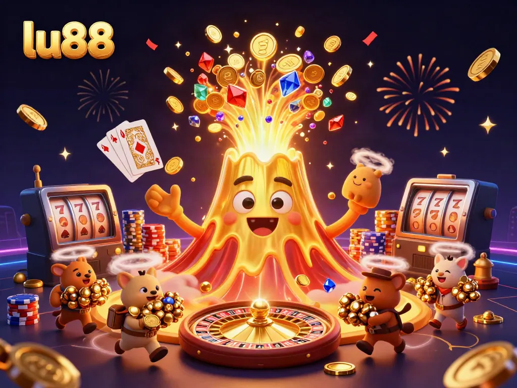 Experience the thrill of lu88 with a vibrant 3D eruption of coins and treasures in a dynamic casino scene.