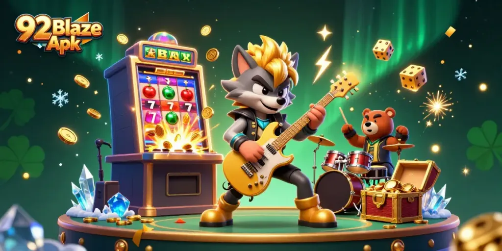 Experience thrilling gameplay with 92 Blaze Apk showcasing a rock star wolf and vibrant casino elements.