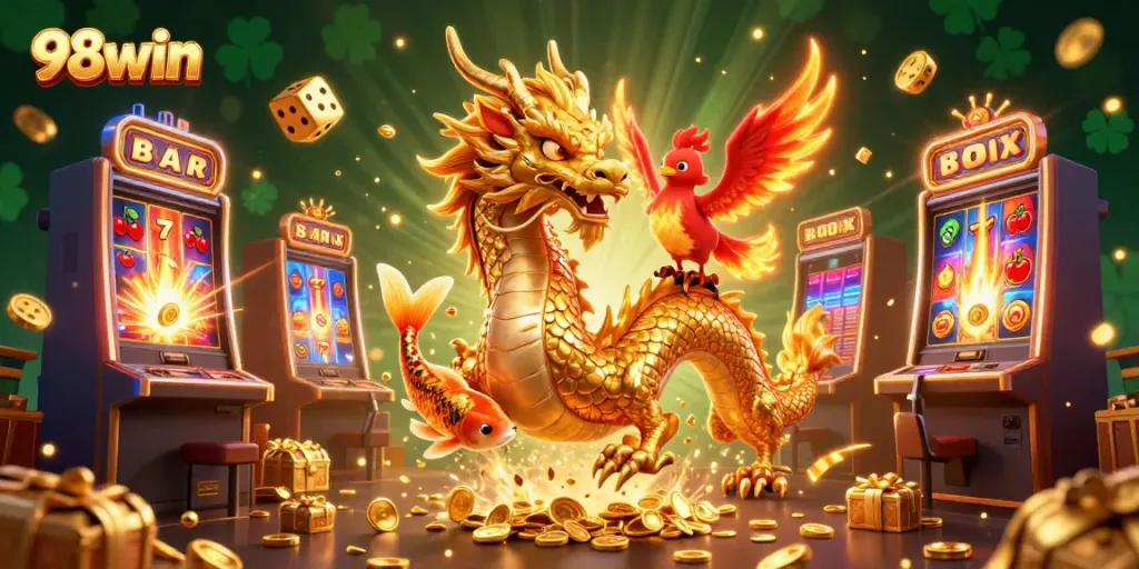 Experience the thrill of 98win with a vivid scene of fortune, featuring a golden dragon and treasures.
