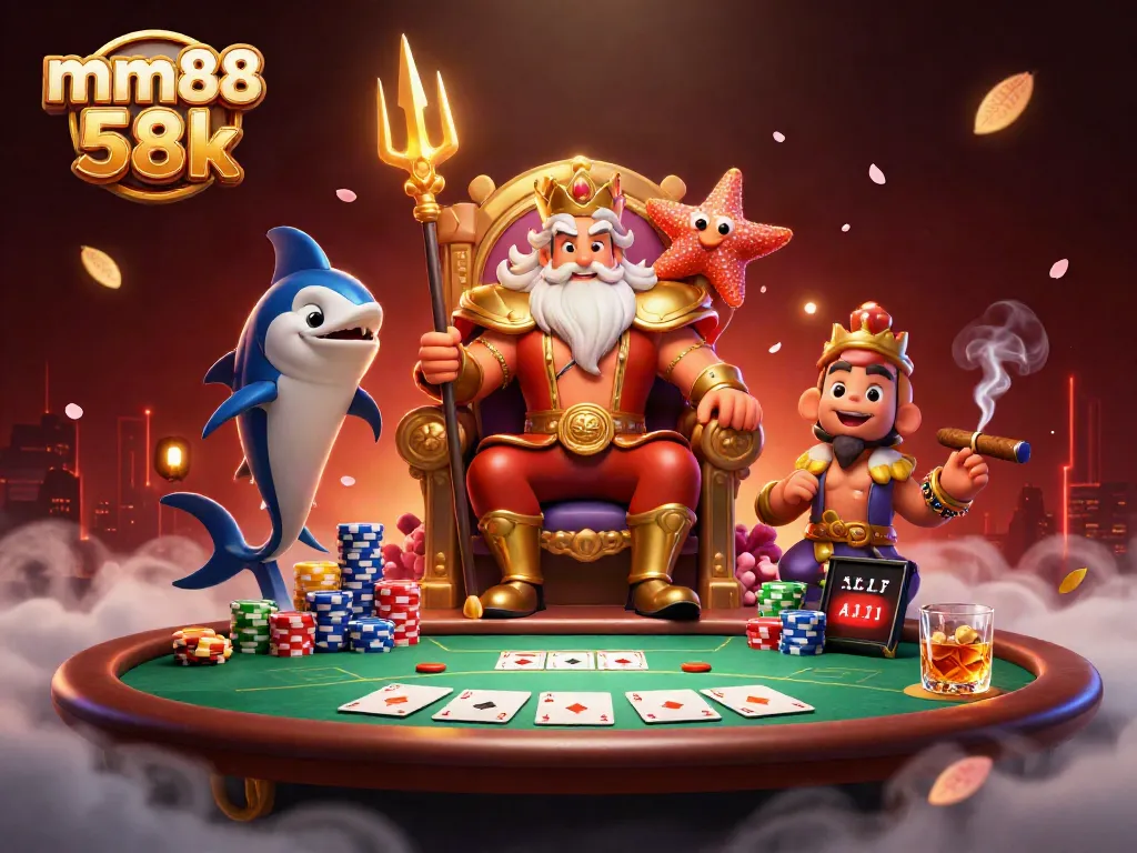 Engage with mm88 58k at an exciting poker table scene featuring Neptune and friends.