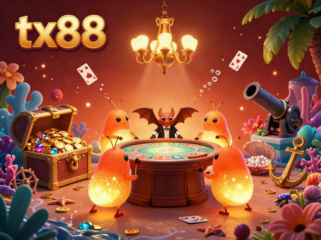 Engage in thrilling gameplay at tx88's vibrant casino, illuminated by glowing creatures and rich treasures.