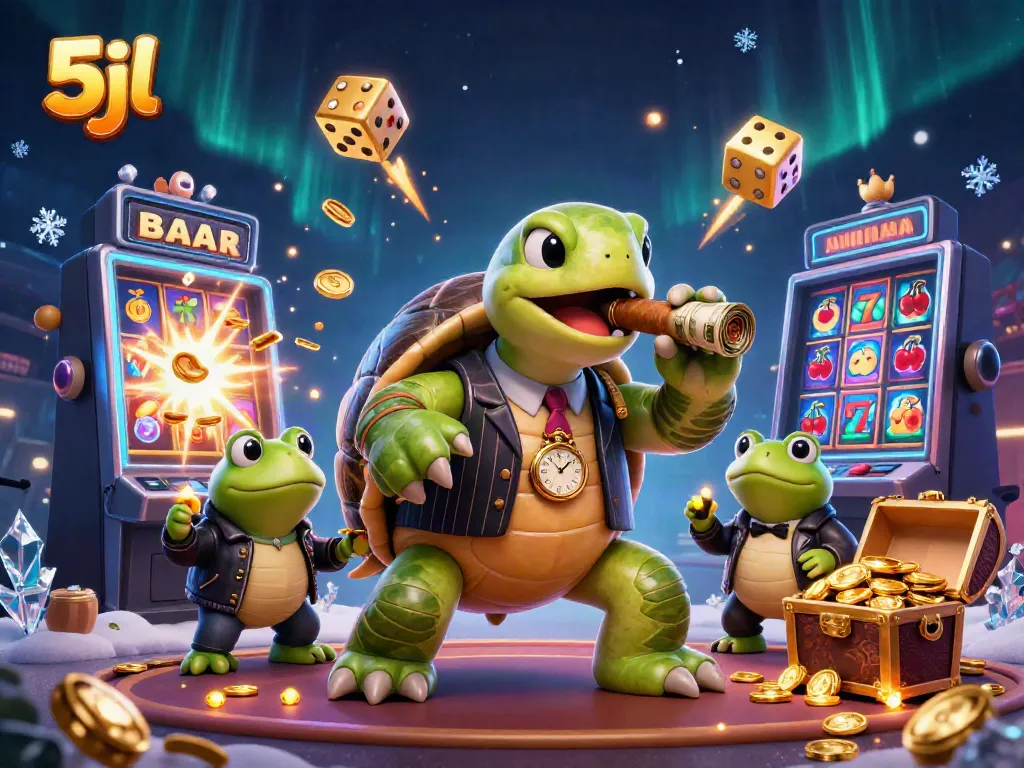 Engage with 5jl's vibrant casino scene, featuring a turtle in a mobster suit, slot machines, and gold treasure.