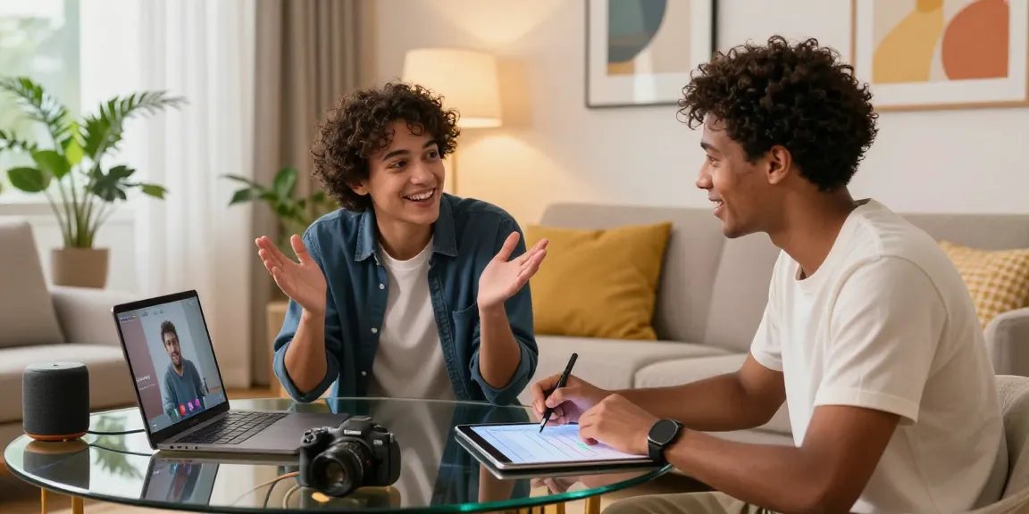 Juicy chat between diverse individuals in a modern living room using an AI platform.