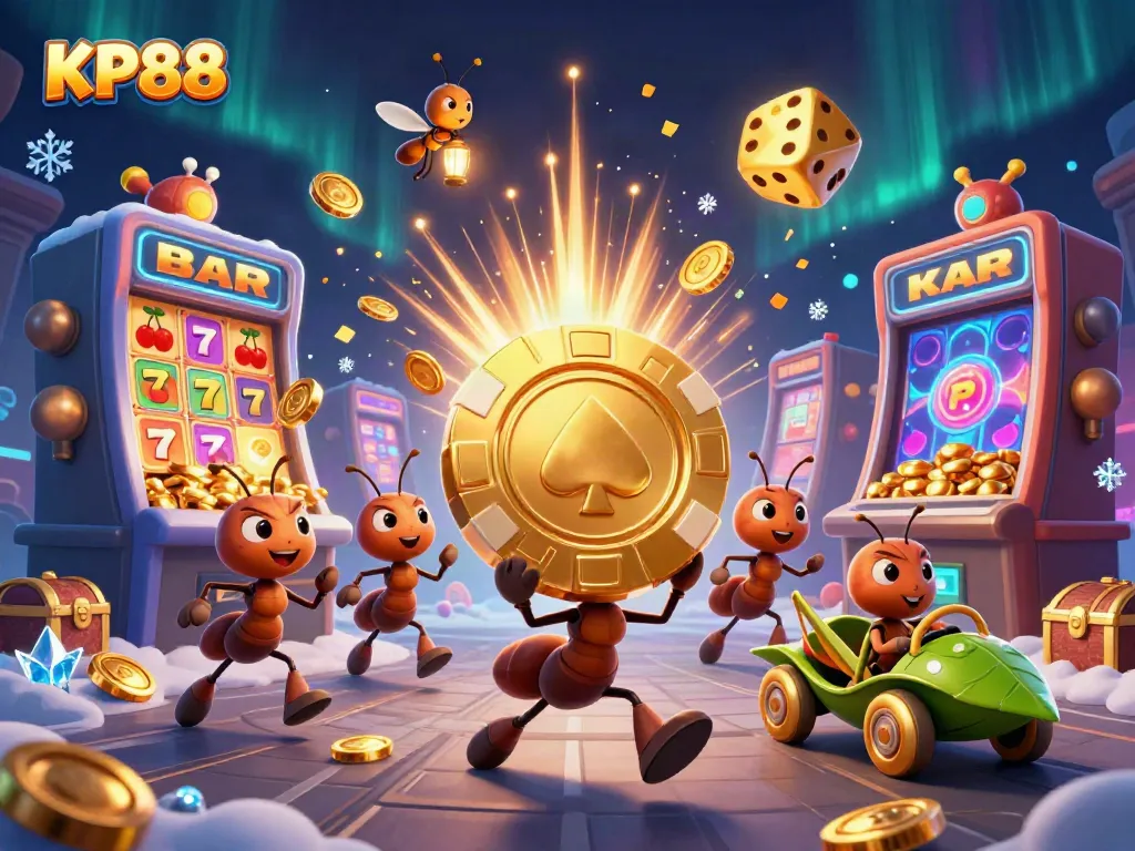 Experience KP88 excitement with a heist scenario featuring animated ants, golden chips, and jackpot coins.