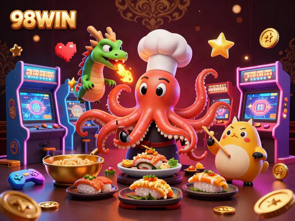 Engage in thrilling gaming action at 98WIN with vibrant characters and dynamic arcade elements.