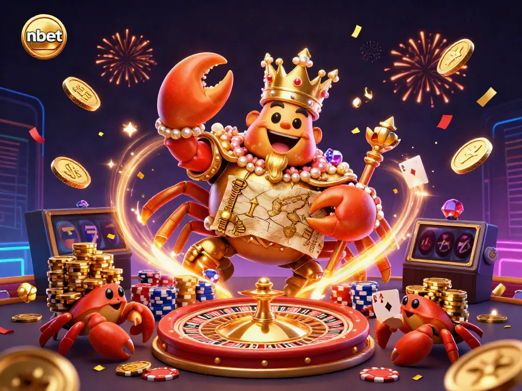 Engage with nbet's vibrant gaming scene featuring a golden crab emperor, roulette wheel, and sparkling casino elements.