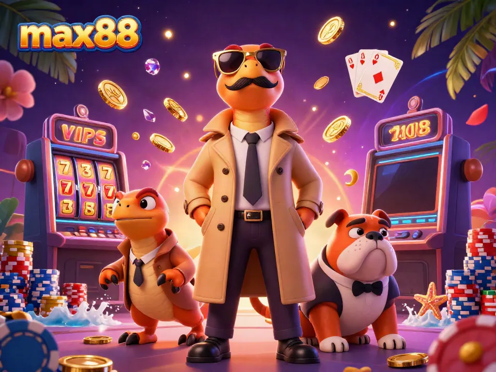 Experience max88 with engaging characters and vibrant casino elements in this dynamic illustration.