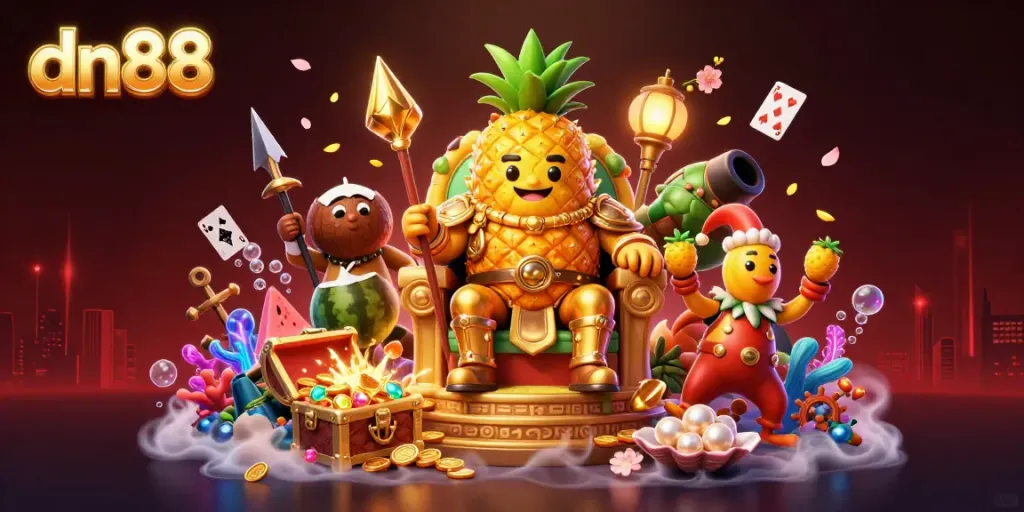 Engage with dn88's vibrant online casino experience featuring a golden pineapple king and lively game elements.