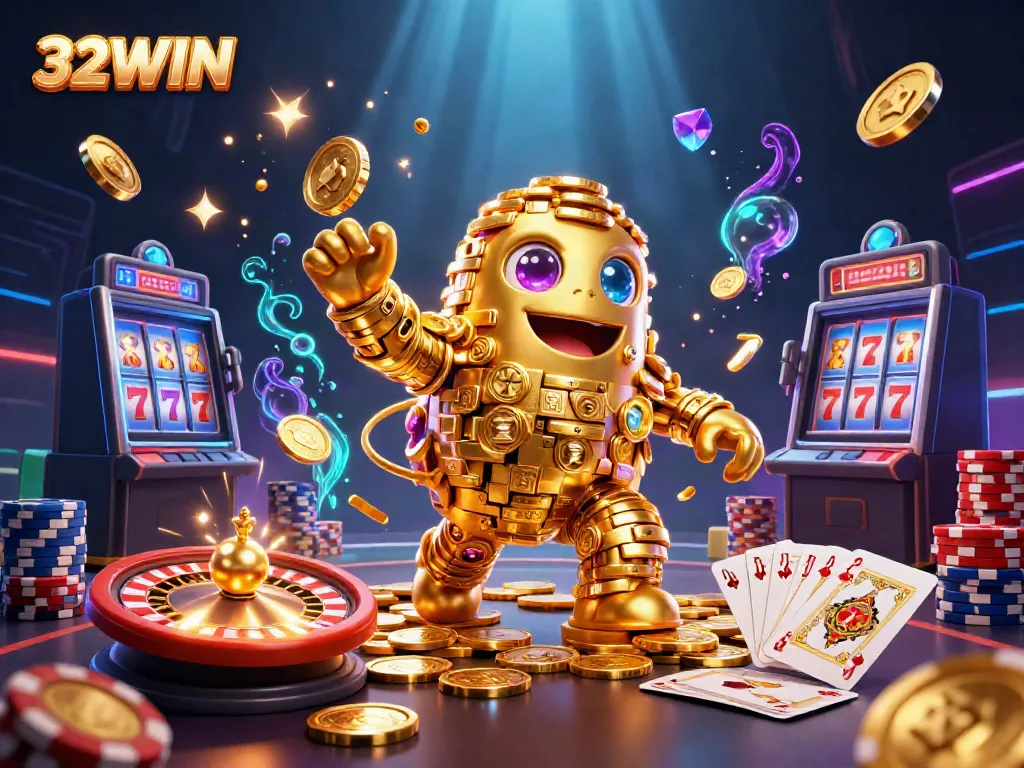 Experience dynamic gaming excitement with 32WIN's vibrant casino scene featuring a golden golem and roulette.