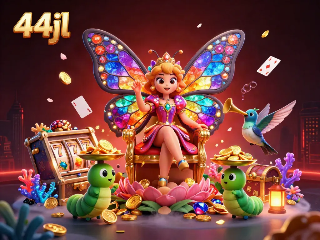 Engage with vibrant scenes at 44jl, featuring lively casino elements and a whimsical butterfly queen.