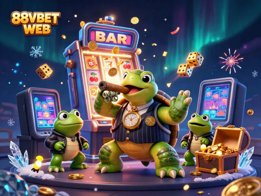 88VBET WEB showcases a lively casino scene with a cartoon turtle in a mobster suit, surrounded by gaming symbols and lights.