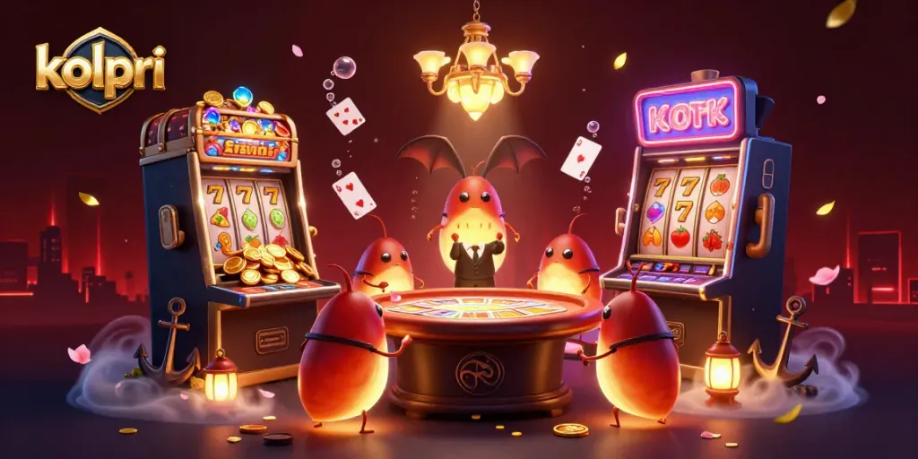 Engage in gaming excitement with kolpri-themed casino glowworms, illuminating the vibrant scene.