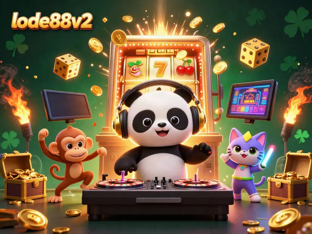 Engage with the exciting world of lode88v2, featuring a DJ panda and a breakdancing monkey amidst casino elements.