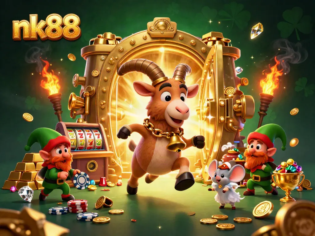 Engage with nk88 at a bustling casino, where Krampus and others enjoy the thrill of games while treasure scatters.