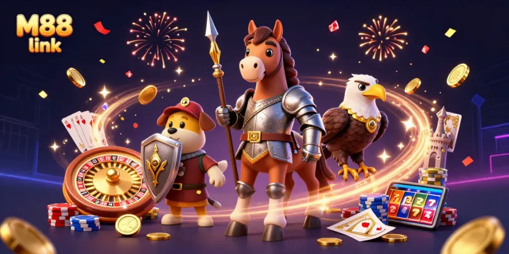 Experience thrilling fun with M88 link - medieval knight, puppy squire, and falcon celebrate riches!