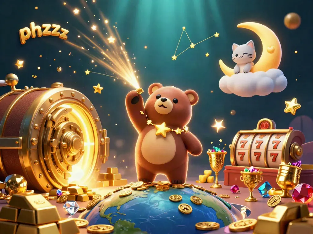 Engage in the thrills of phzzz, as a constellation bear and shooting star fish gather riches in a dynamic casino scene.
