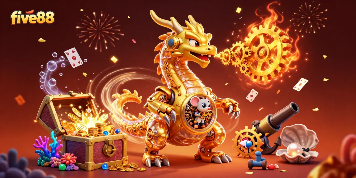 Immerse in five88's thrilling world of gaming with a golden dragon unleashing opulent treasures and spinning cards.
