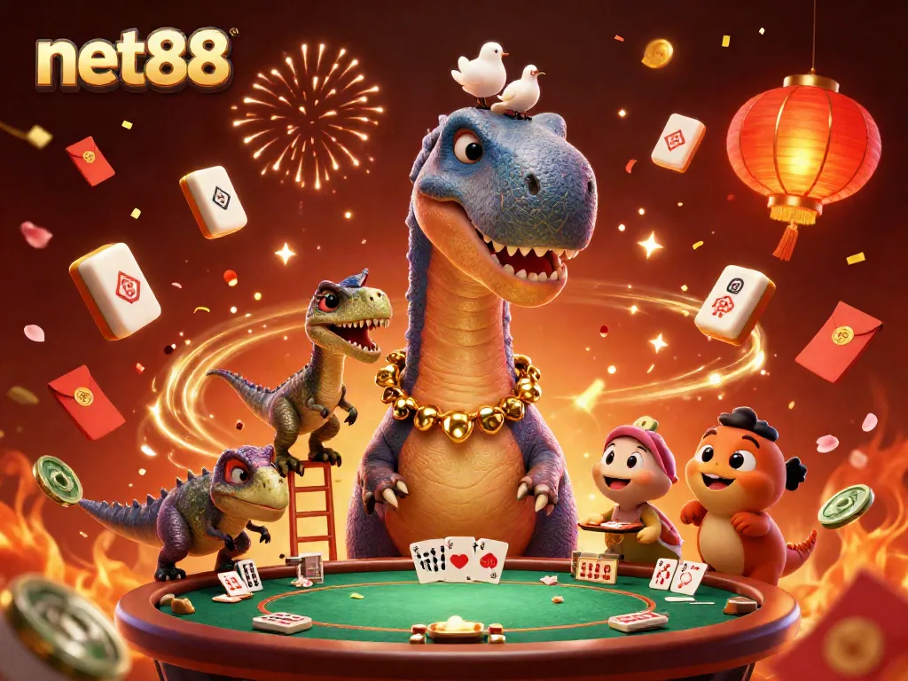 Experience thrilling bets with net88 at an exciting casino-themed scene featuring a giant brontosaurus and clever raptor.