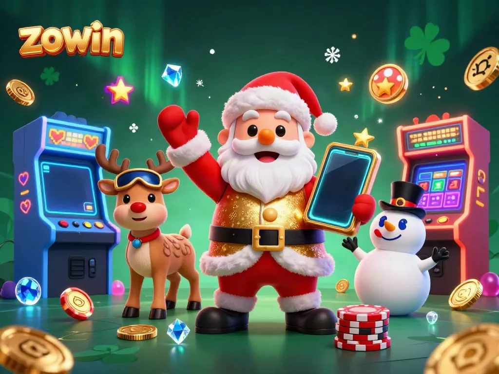Zowin's festive gambling scene featuring Santa, a dealer reindeer, and a poker chip snowman celebrating a jackpot.