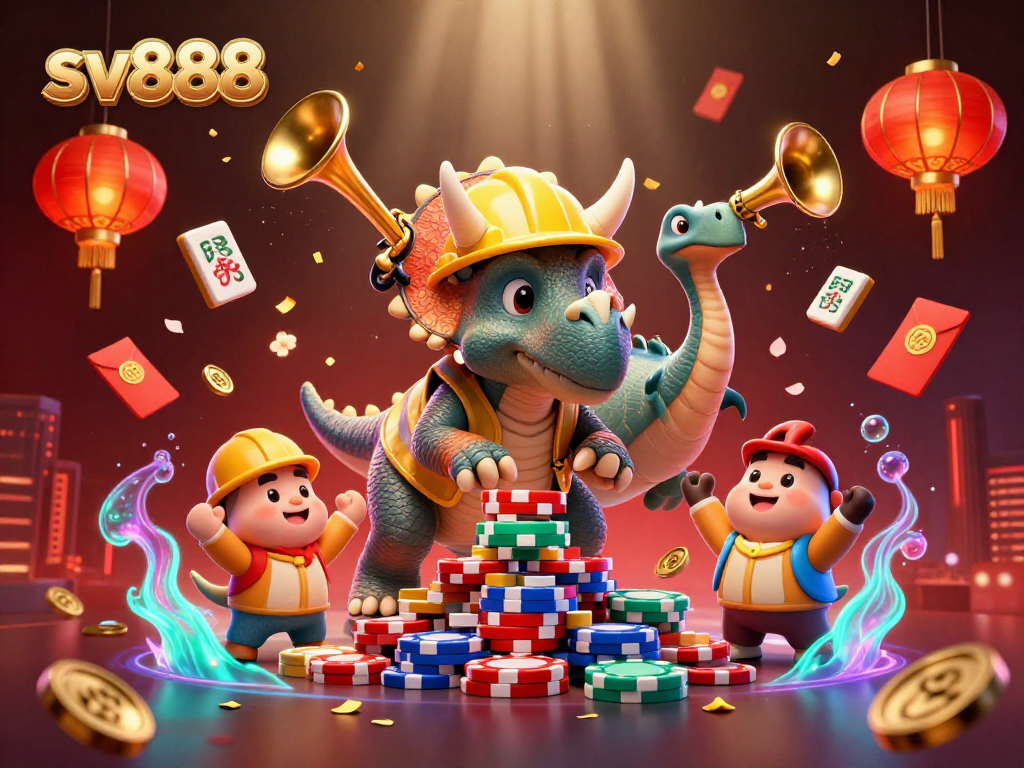 Join the fun at sv888 with a vibrant 3D scene featuring gaming characters celebrating victories amidst casino riches.
