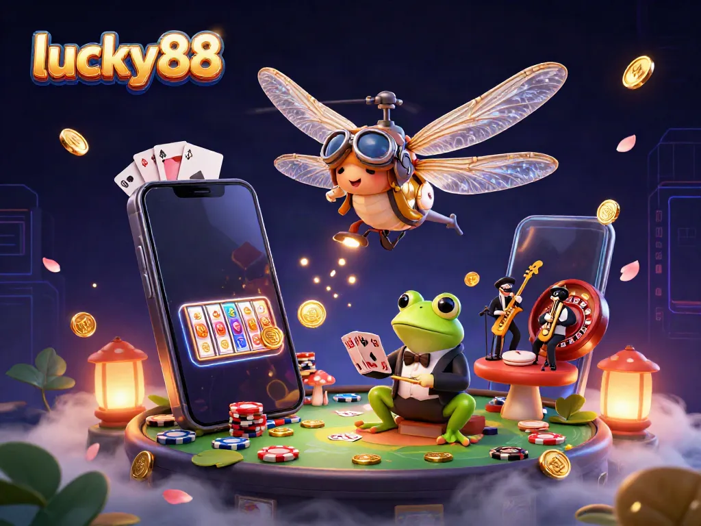 Experience lucky88's thrilling casino scene with vibrant characters, games, and dazzling effects.