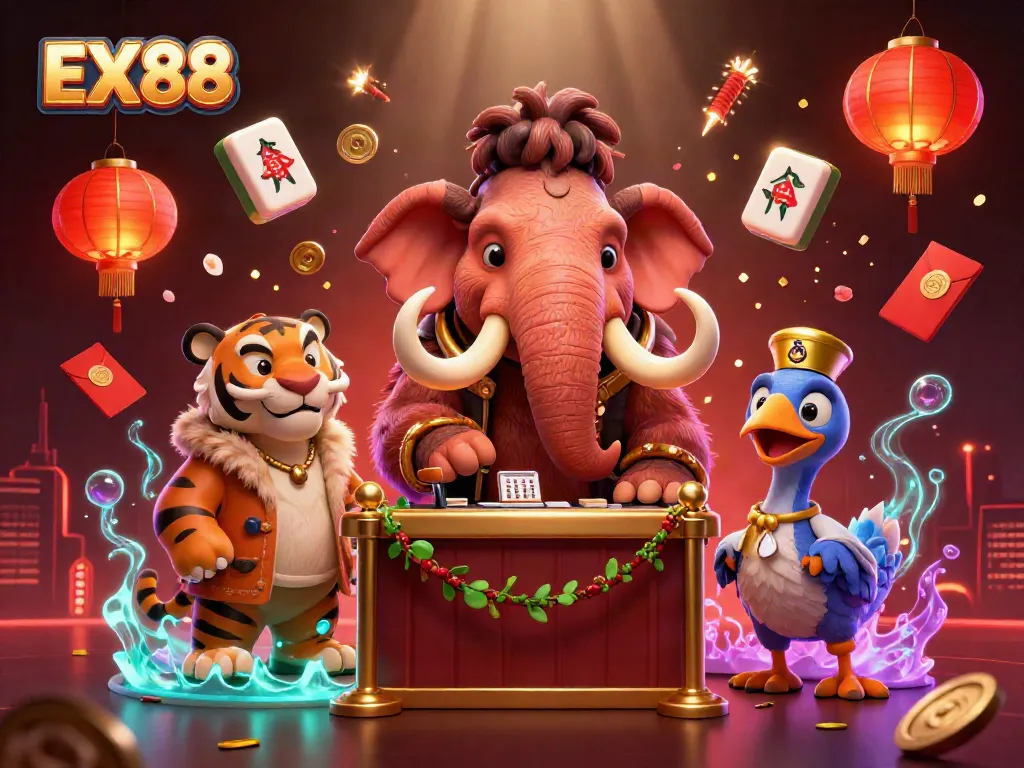 Experience exciting gaming adventures at EX88 with a vibrant casino scene featuring imaginative characters.