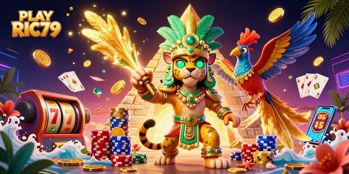 Experience the thrill of PLAY RIC79 with vibrant slot visuals and a majestic Mayan priest character.